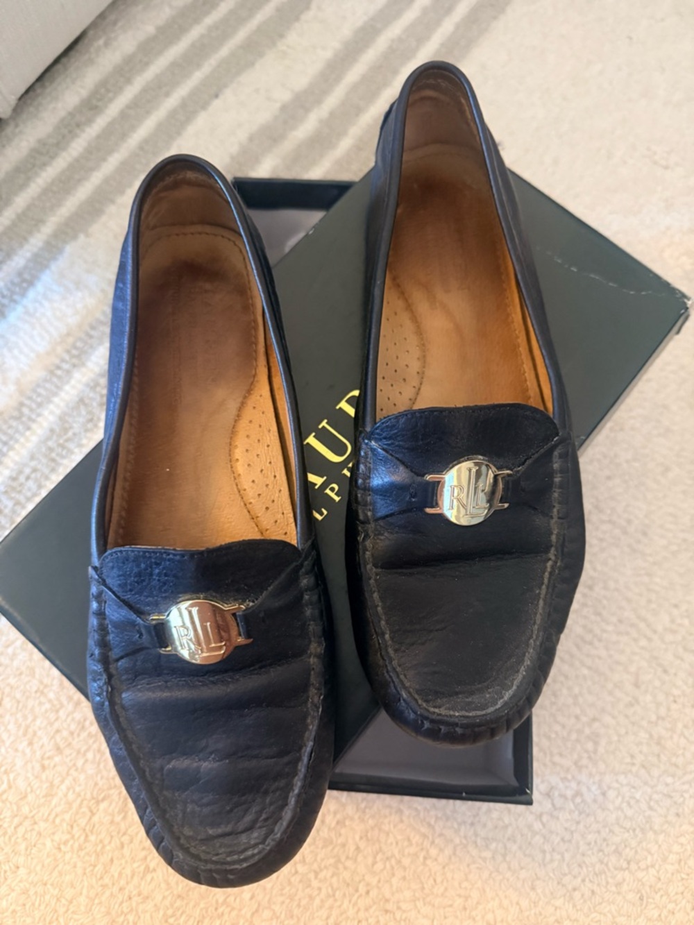 Ralph Lauren Women's Black Leather Loafers with Gold Accent
